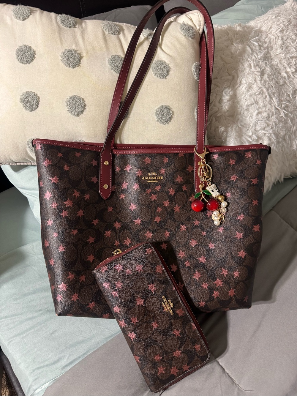 Coach Brown & Pink Disco Star Print Tote with Matching Long Wallet